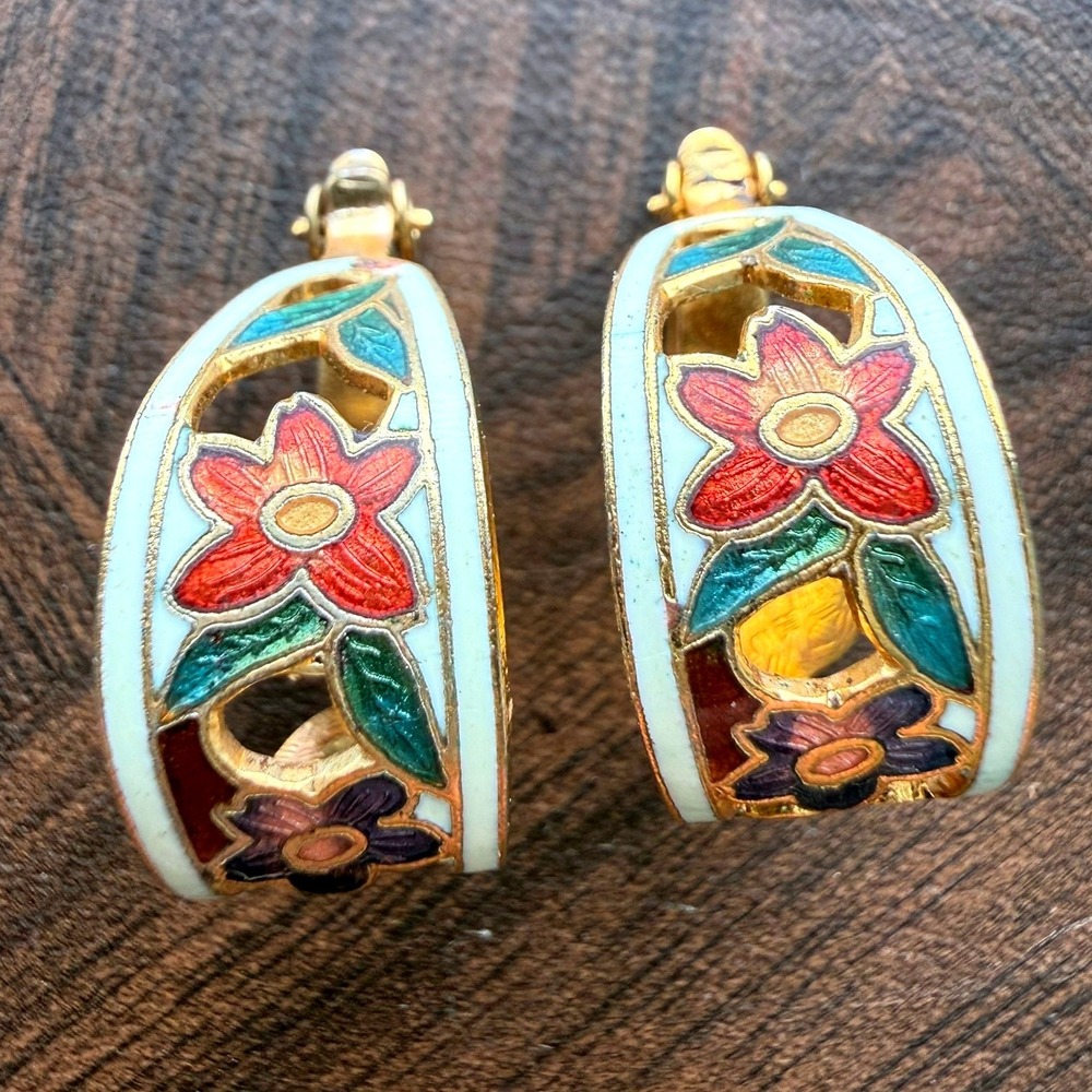 Vintage Gold Tone Cloisonne Enamel Floral Clip On Hoop Earrings Multi Color